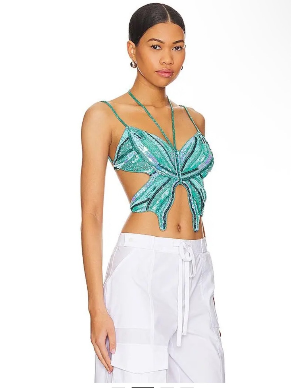 H:ours Revolve Carola Embellished Butterfly Sequin Beaded Top in Turquoise M - Picture 2 of 10